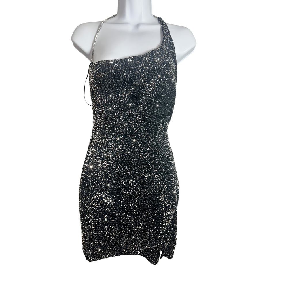 Zara Womens One Shoulder Sequin Mini Dress Black Silver Rhinestone Strap XS